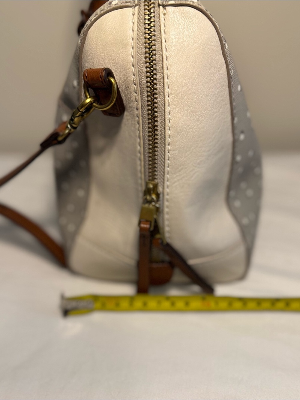 Fossil Fiona Women's Satchel, White And Gray Brown Leather Handles Signature Key - Picture 8 of 10